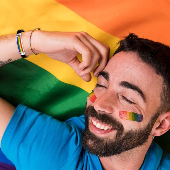 Fashionable Rubber and Stainless Steel Rainbow Bracelet - Multi-Occasion Wear - Picture 3 of 7